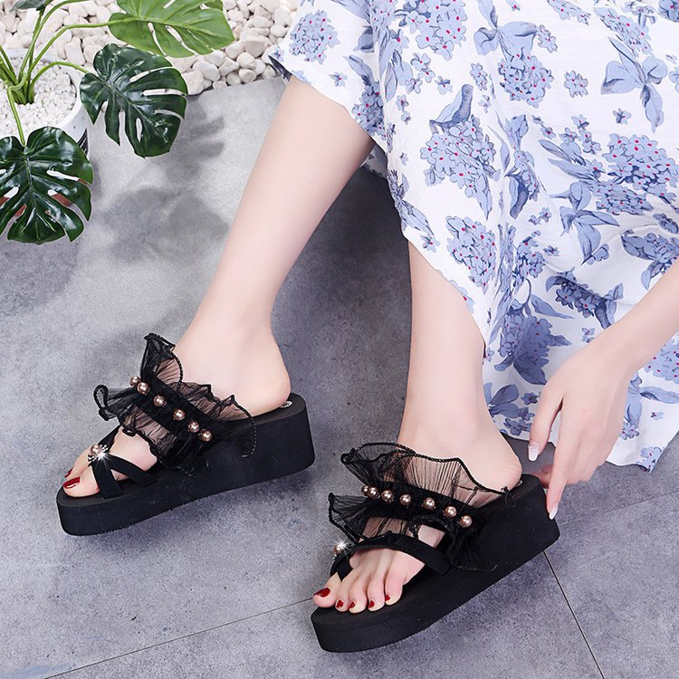 lace thick-soled flip-flops pearl lace slippers wedge platform shoes women's sandals beach casual slippers dropshipping