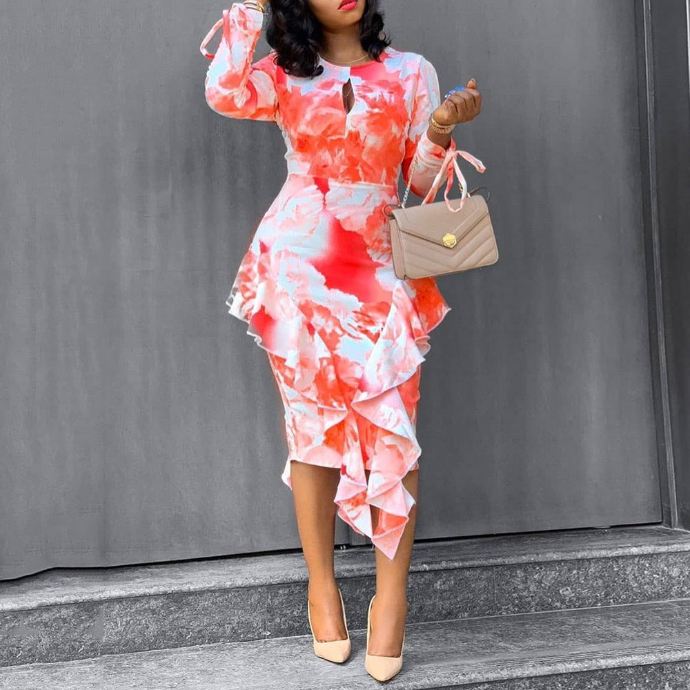 inspopular independent station  fall and winternew arrivalcommutingprintingruffles hip-covering one-step dress
