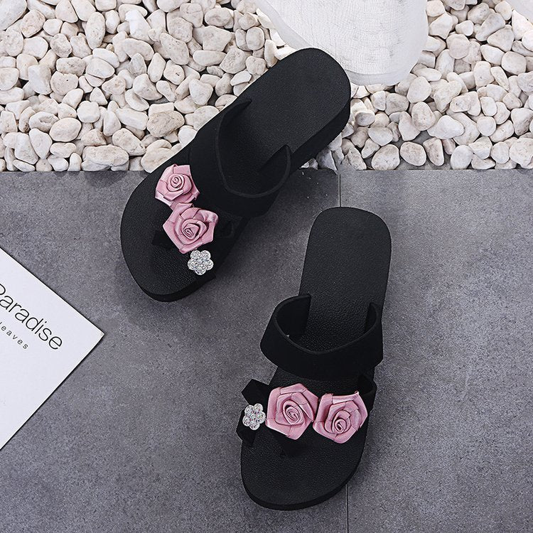 Slip-on amh lace 3d rose & colorful chrysanthemum flip-flops - women's summer platform wedge beach sandals
