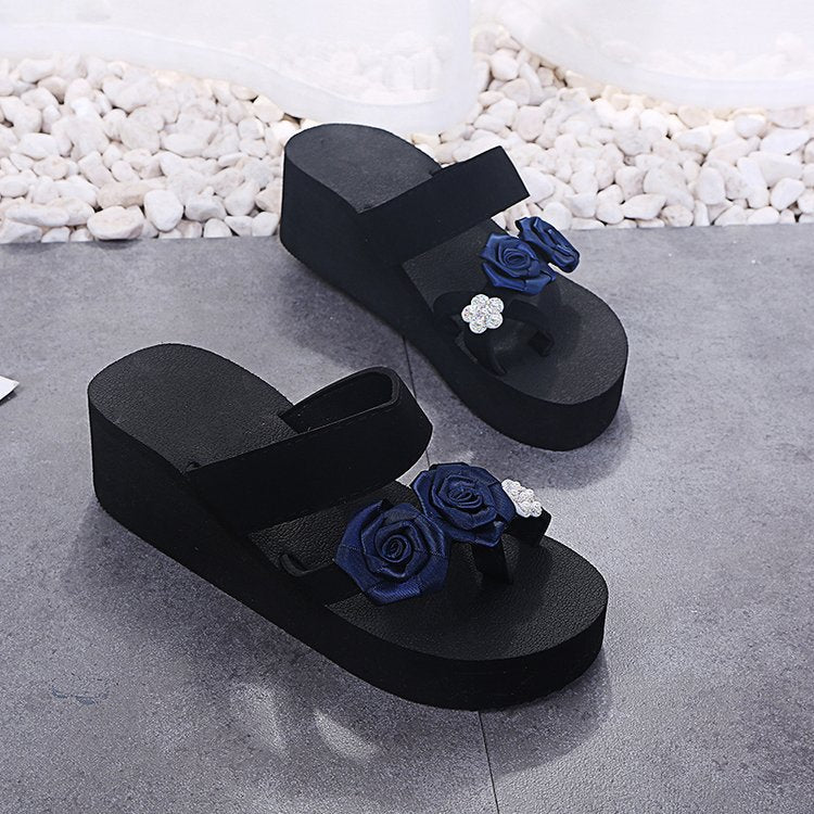 Slip-on amh lace 3d rose & colorful chrysanthemum flip-flops - women's summer platform wedge beach sandals