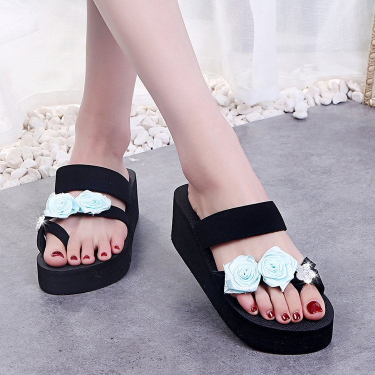 Slip-on amh lace 3d rose & colorful chrysanthemum flip-flops - women's summer platform wedge beach sandals