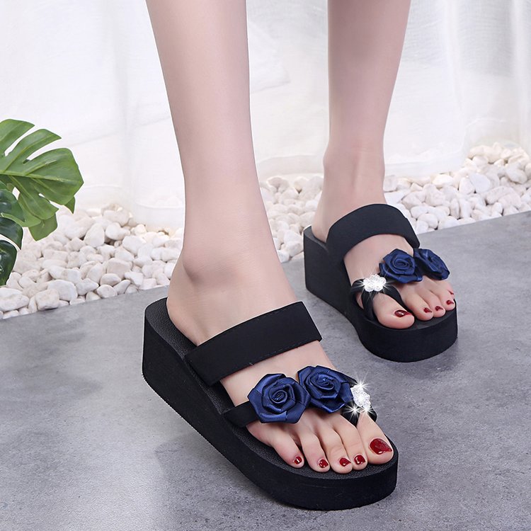Slip-on amh lace 3d rose & colorful chrysanthemum flip-flops - women's summer platform wedge beach sandals