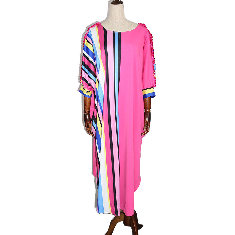 cross-border e-commerce   african plus size women's vertical stripe printed sleeve dress wholesale