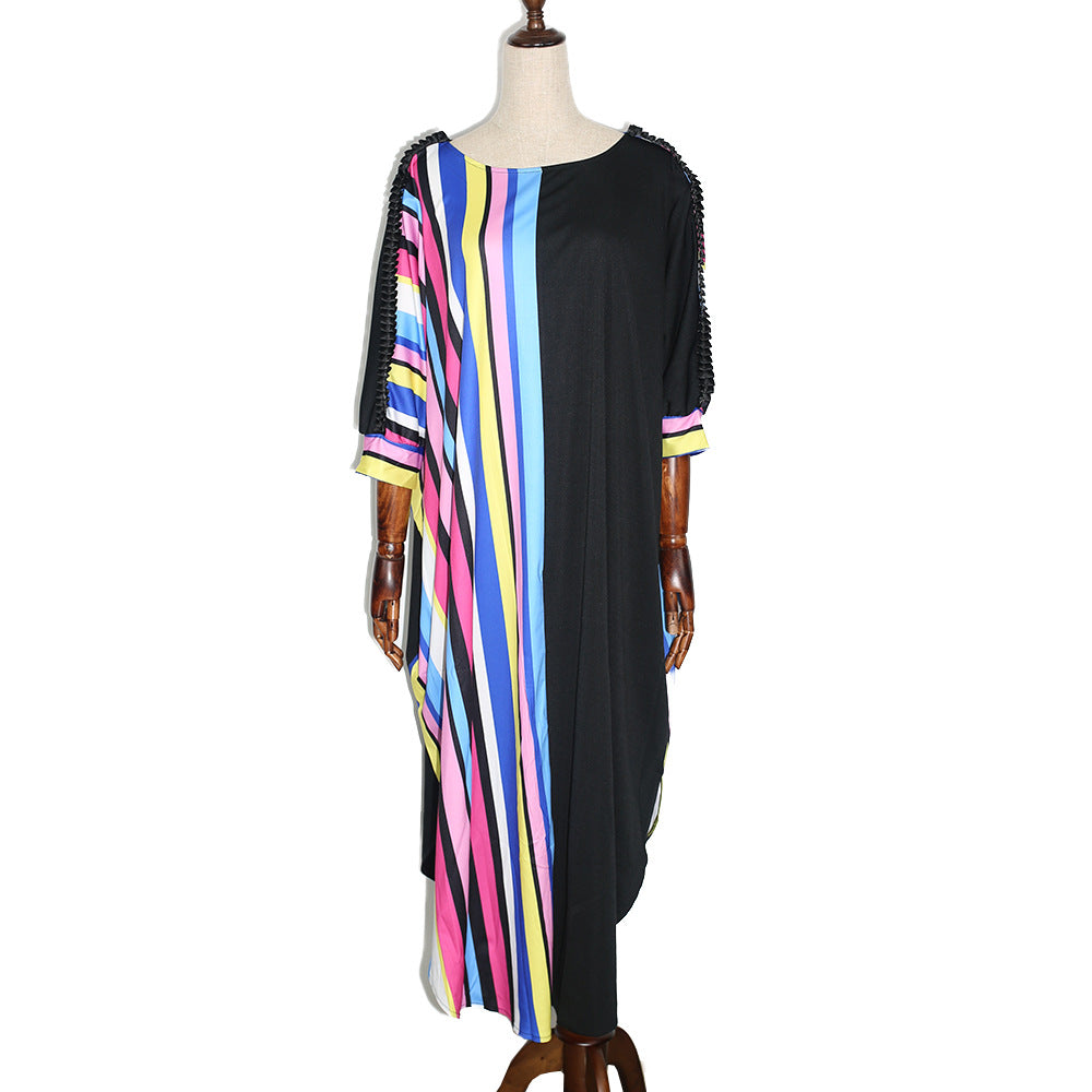 cross-border e-commerce   african plus size women's vertical stripe printed sleeve dress wholesale