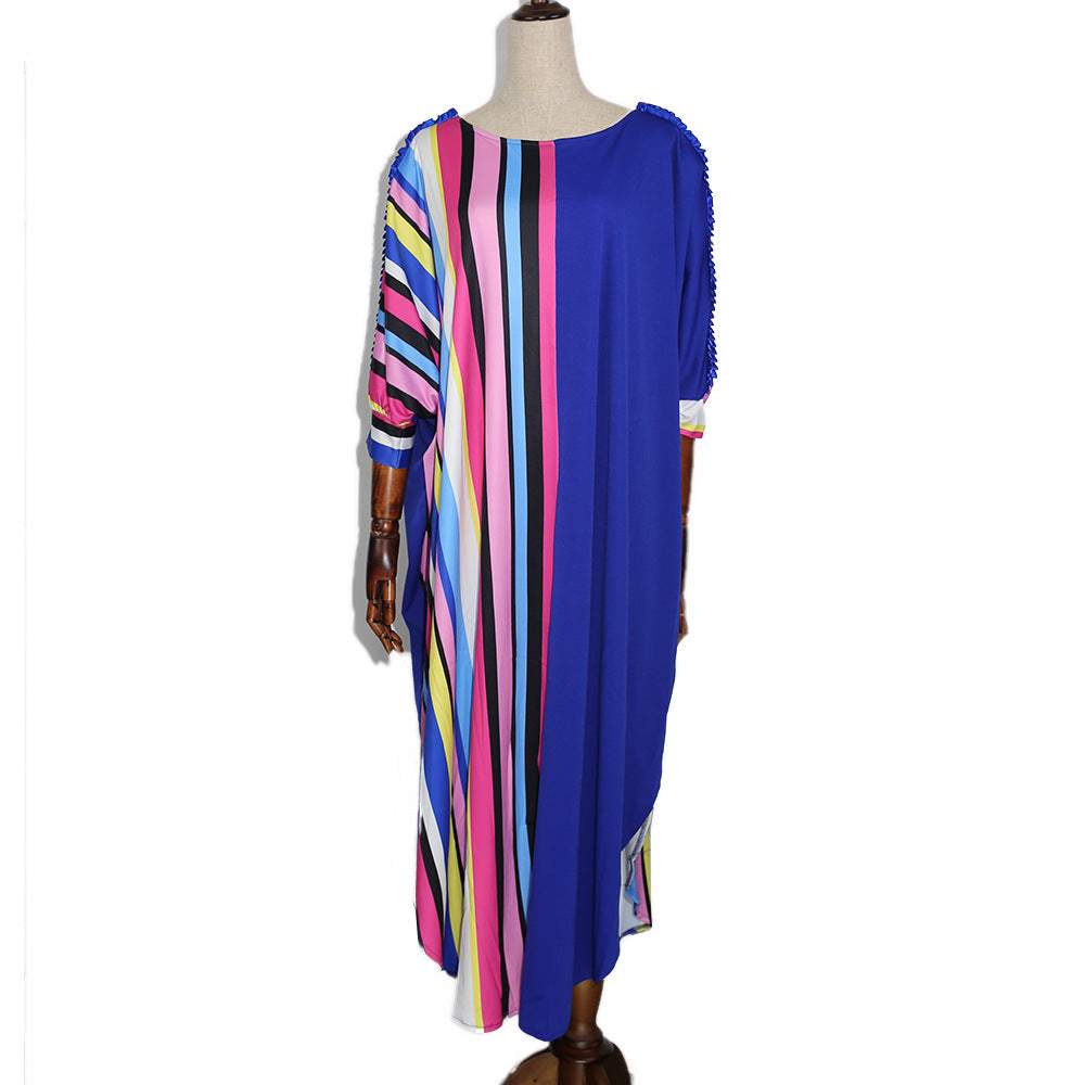 cross-border e-commerce   african plus size women's vertical stripe printed sleeve dress wholesale