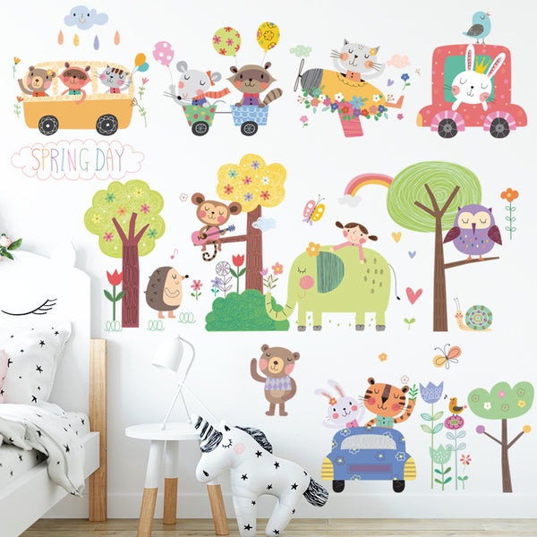 Wall stickers animal cartoon cute forest fairy tale elephant bear rabbit sticker baby room early education, spring forest