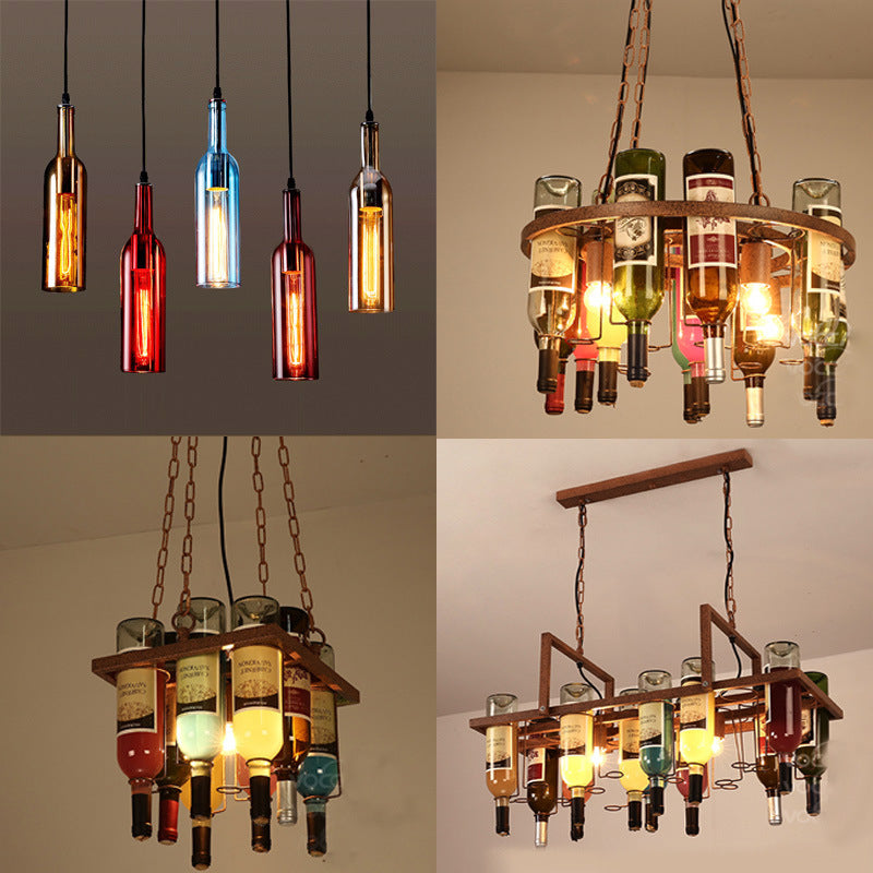 Wine bar chandelier retro industrial style wine bottle lamp restaurant clothing store creative personality wrought iron bar wine bottle chandelier