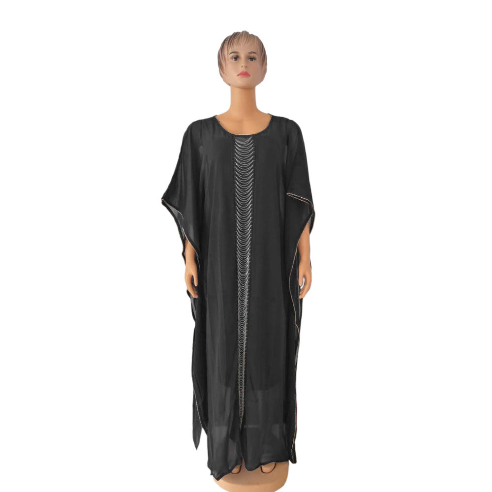 export  african women's clothing   solid color loose fit multi-color print batwing sleeve dress