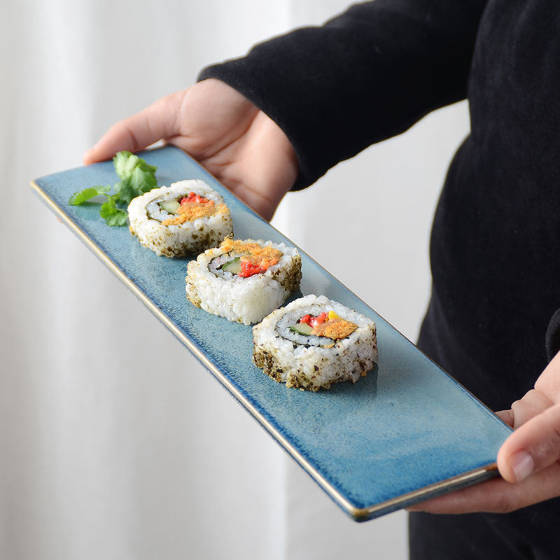 Ceramic kiln sushi plate flat cake dessert plate sashimi chicken wings long plate cold dish flat plate kiln glaze