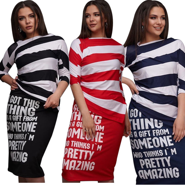H106 European and American sexy women's clothing monochrome striped printing one-word collar short-sleeved split skirt set
