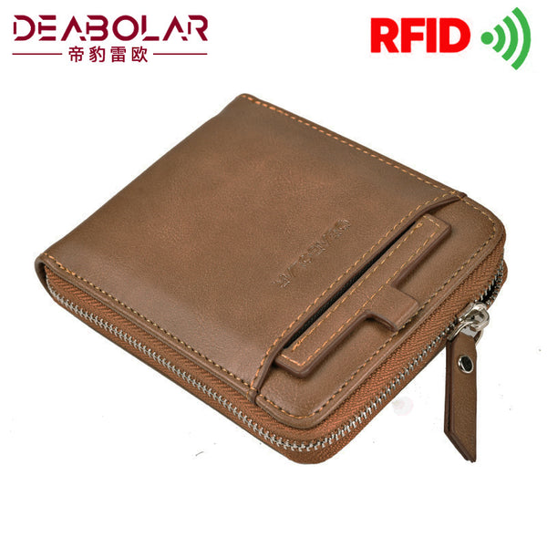 DEABOLAR Cross-border Supply Men's Short PU Wallet Retro Draw Card Zipper Card Bag RFID Wallet Men's Wallet