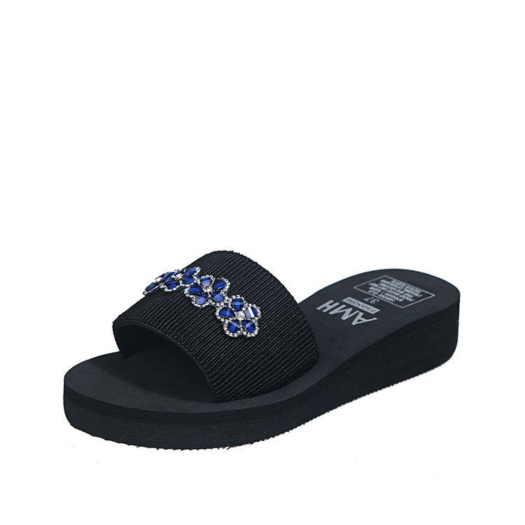 2024 women's summer cross-border slippers: open-toe rhinestone flower platform wedge sandals - dropshipping available