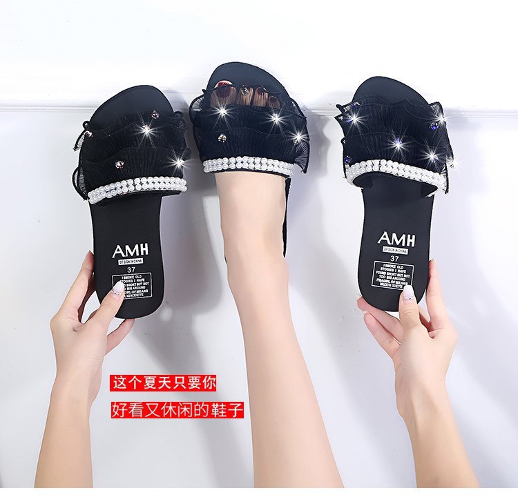 2024 summer new arrivals: korean style pearl & rhinestone flip-flops - open toe, flat heel, trendy lace slippers for outdoor wear