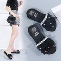 2024 summer new arrivals: korean style pearl & rhinestone flip-flops - open toe, flat heel, trendy lace slippers for outdoor wear
