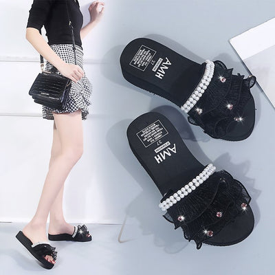 2024 summer new arrivals: korean style pearl & rhinestone flip-flops - open toe, flat heel, trendy lace slippers for outdoor wear