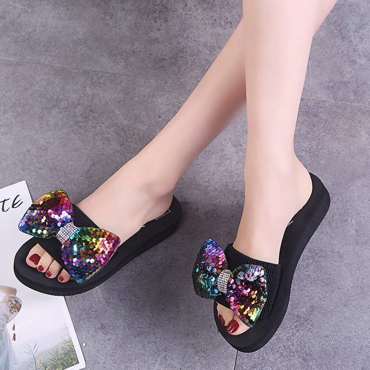 Factory direct 2024 cross-border beach sandals: women's bowknot sequin fashion flip-flops & slides - wholesale