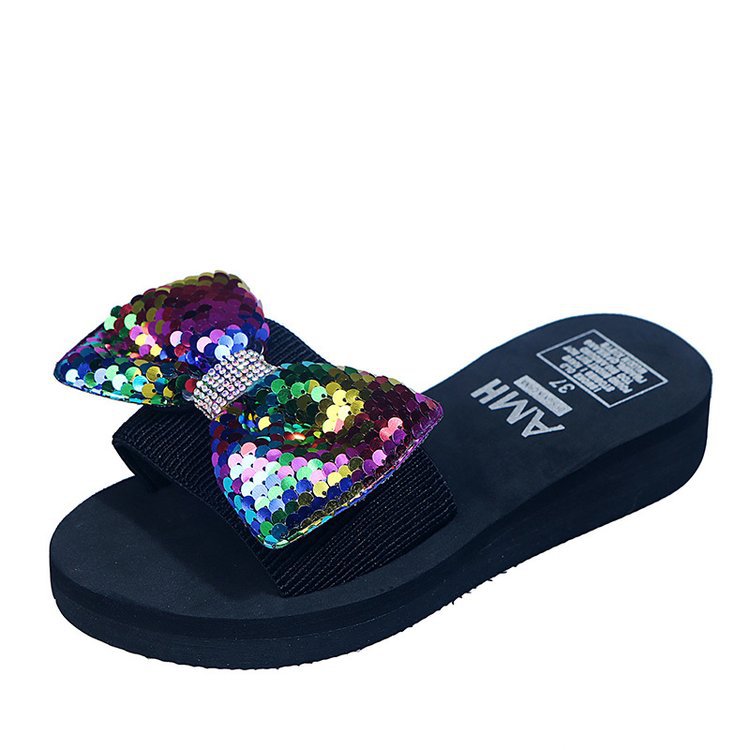 Factory direct 2024 cross-border beach sandals: women's bowknot sequin fashion flip-flops & slides - wholesale