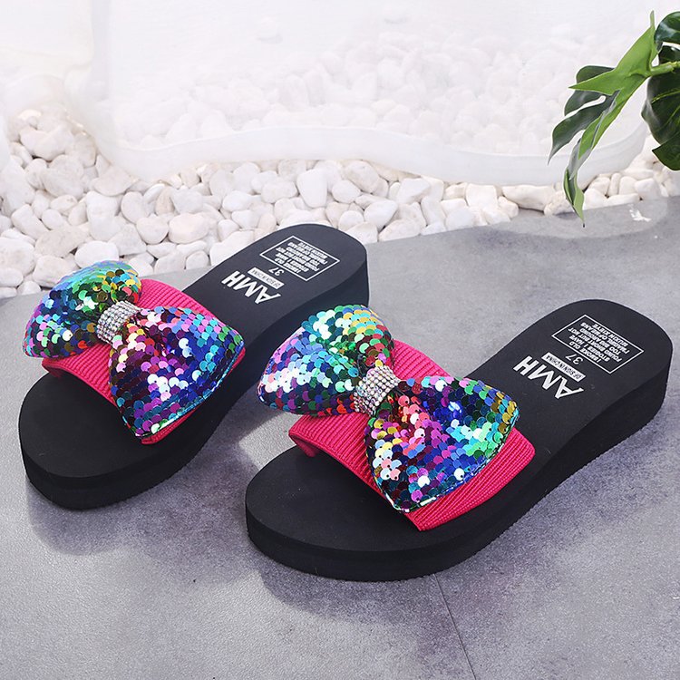 Factory direct 2024 cross-border beach sandals: women's bowknot sequin fashion flip-flops & slides - wholesale