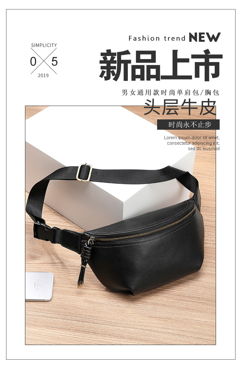 Fashion unisex casual shoulder bag light commuter bag trend first layer cowhide polyester neutral messenger bag