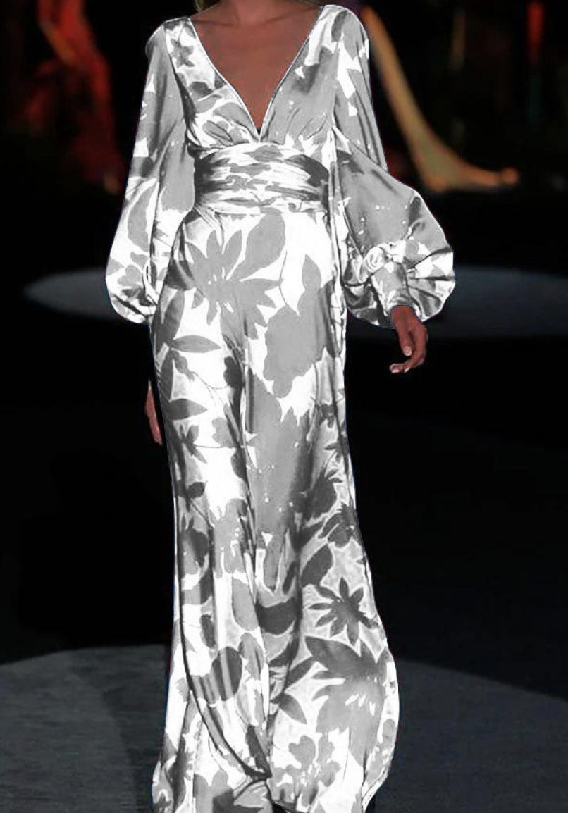 spring/summer new arrivals: european and american style fashionable printed dress - sexy v-neck, cinched waist, loose fit maxi dress