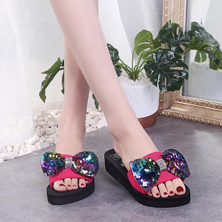 Factory direct 2024 cross-border beach sandals: women's bowknot sequin fashion flip-flops & slides - wholesale