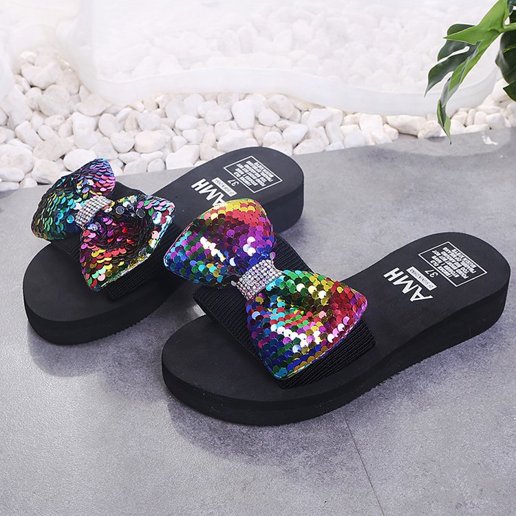 Factory direct 2024 cross-border beach sandals: women's bowknot sequin fashion flip-flops & slides - wholesale