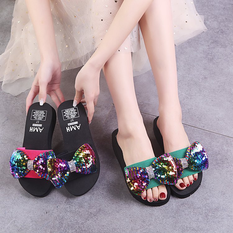 Factory direct 2024 cross-border beach sandals: women's bowknot sequin fashion flip-flops & slides - wholesale