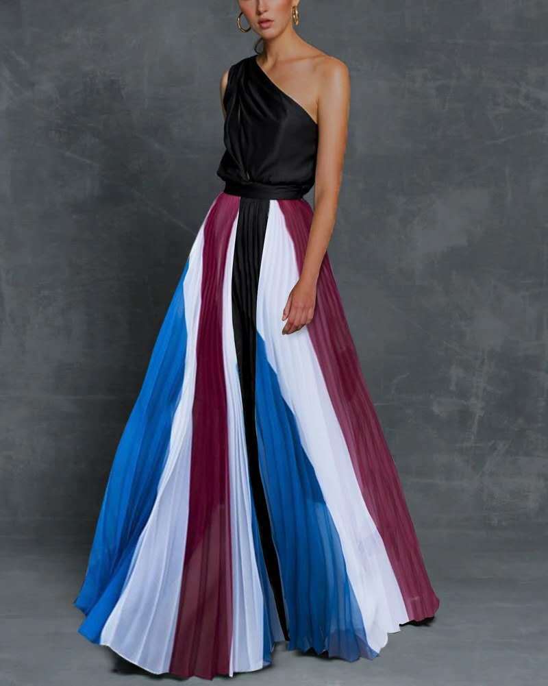 spring/summer new women's clothing  foreign trade style color block off-shoulder printed dress slim fit maxi dress