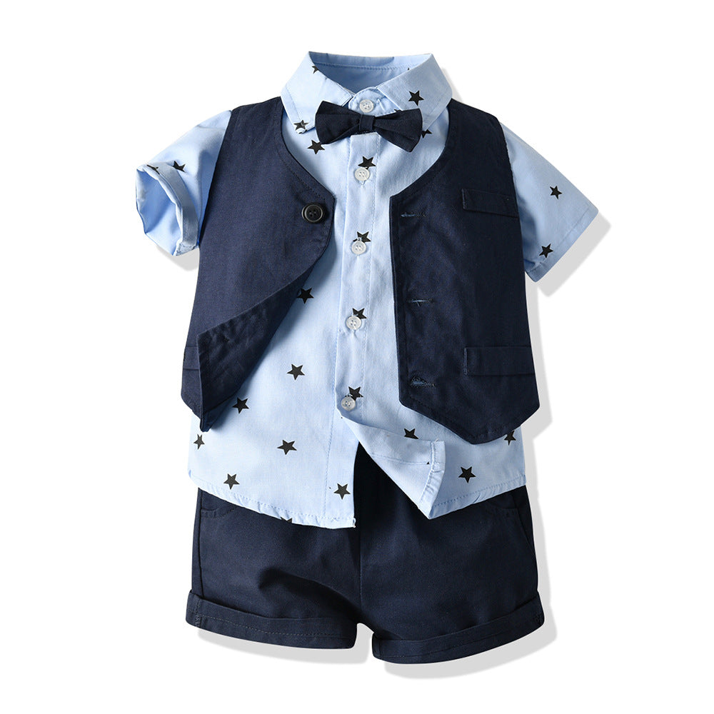 Summer new arrivals: export-quality children's vest, star print shirt, and bermuda shorts gentleman's three-piece baby set