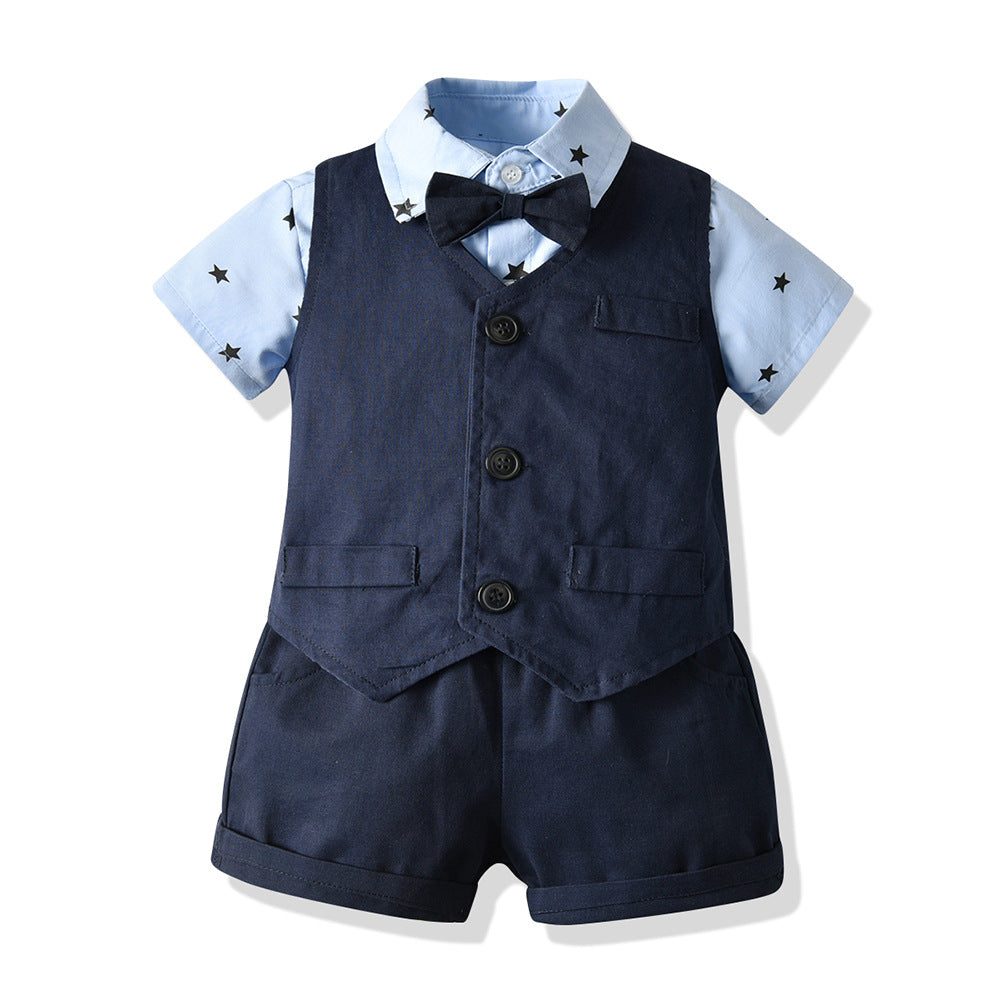 Summer new arrivals: export-quality children's vest, star print shirt, and bermuda shorts gentleman's three-piece baby set