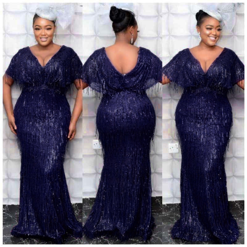 African women's clothing  cross-border supply:  &  v-neck sexy sequin tassel evening gown dress