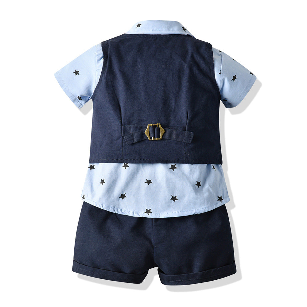 Summer new arrivals: export-quality children's vest, star print shirt, and bermuda shorts gentleman's three-piece baby set