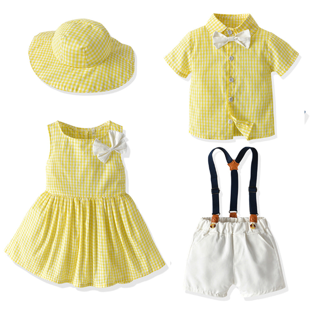 New arrival: summer plaid casual outfit set for boys and girls - wholesale in-stock baby sets (matching sibling outfits available)