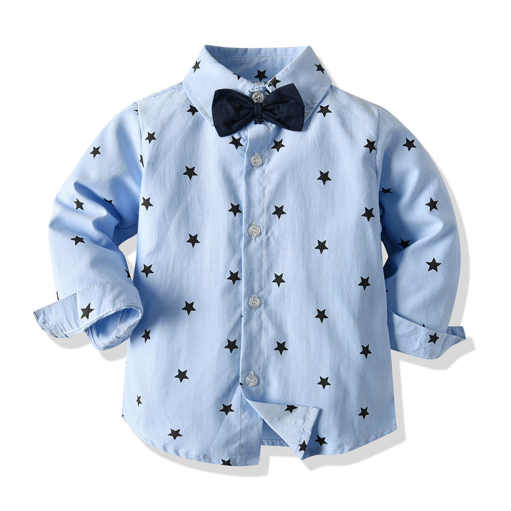 European and american spring/autumn new children's clothing boys' vest long sleeve star print dark color long pants three-piece baby set