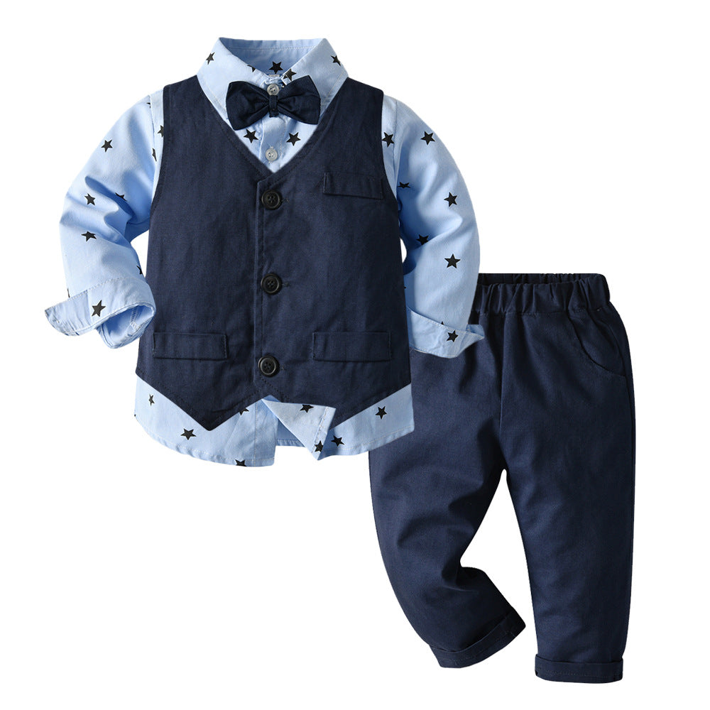 European and american spring/autumn new children's clothing boys' vest long sleeve star print dark color long pants three-piece baby set
