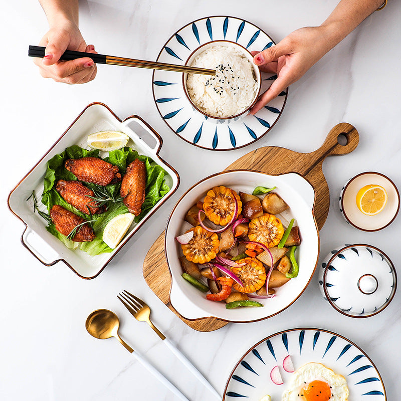 Japanese tableware hand-painted ceramic bowls, plates, salad suit combination, large bowl, double ears, creative stylish breakfast soup bowl