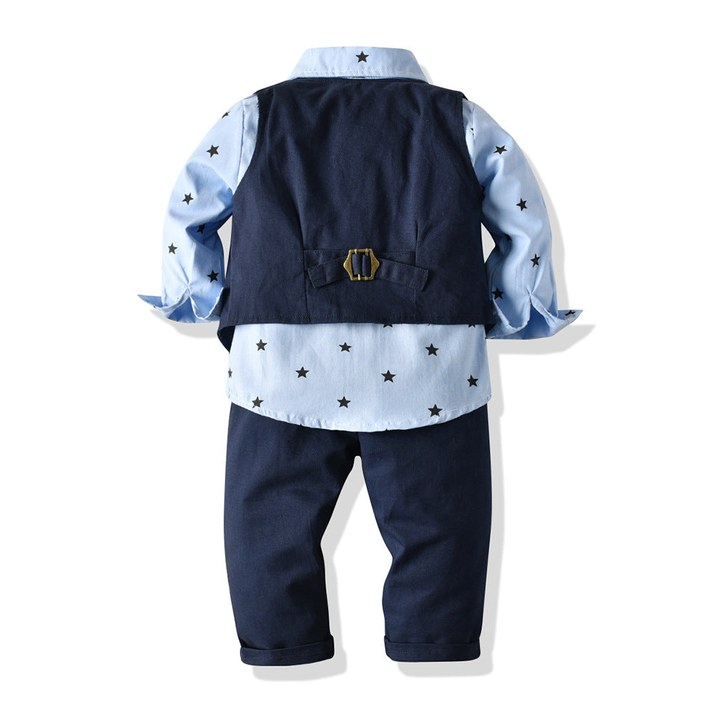 European and american spring/autumn new children's clothing boys' vest long sleeve star print dark color long pants three-piece baby set