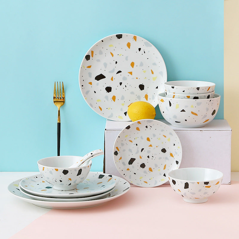 Influencer-approved dinnerware set: nordic minimalist home style terrazzo pattern bowls and plates - creative dinnerware set