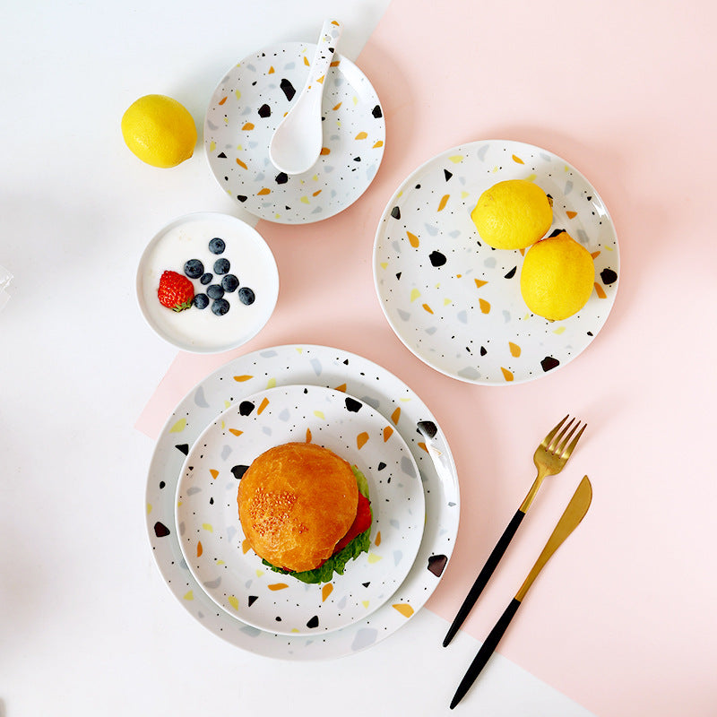 Influencer-approved dinnerware set: nordic minimalist home style terrazzo pattern bowls and plates - creative dinnerware set