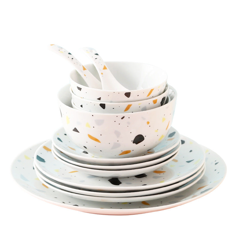 Influencer-approved dinnerware set: nordic minimalist home style terrazzo pattern bowls and plates - creative dinnerware set