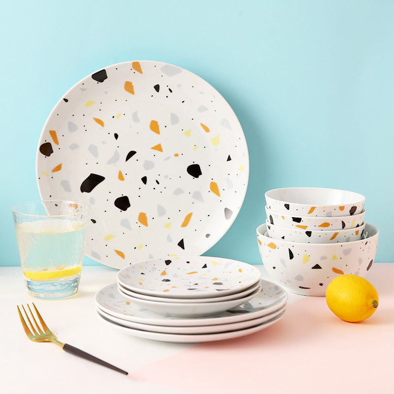 Influencer-approved dinnerware set: nordic minimalist home style terrazzo pattern bowls and plates - creative dinnerware set
