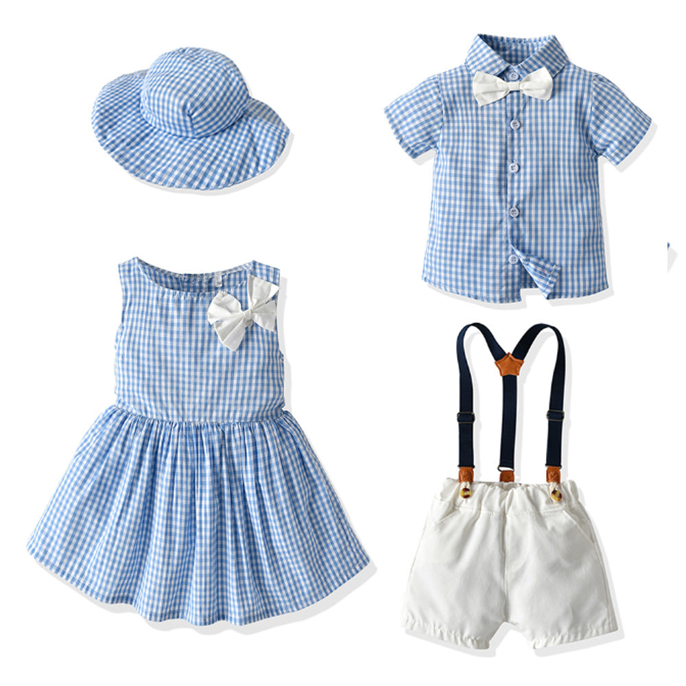 New arrival: summer plaid casual outfit set for boys and girls - wholesale in-stock baby sets (matching sibling outfits available)