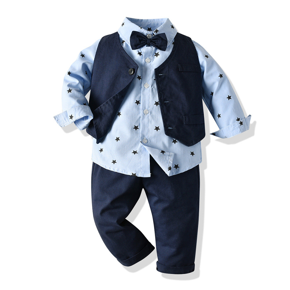 European and american spring/autumn new children's clothing boys' vest long sleeve star print dark color long pants three-piece baby set
