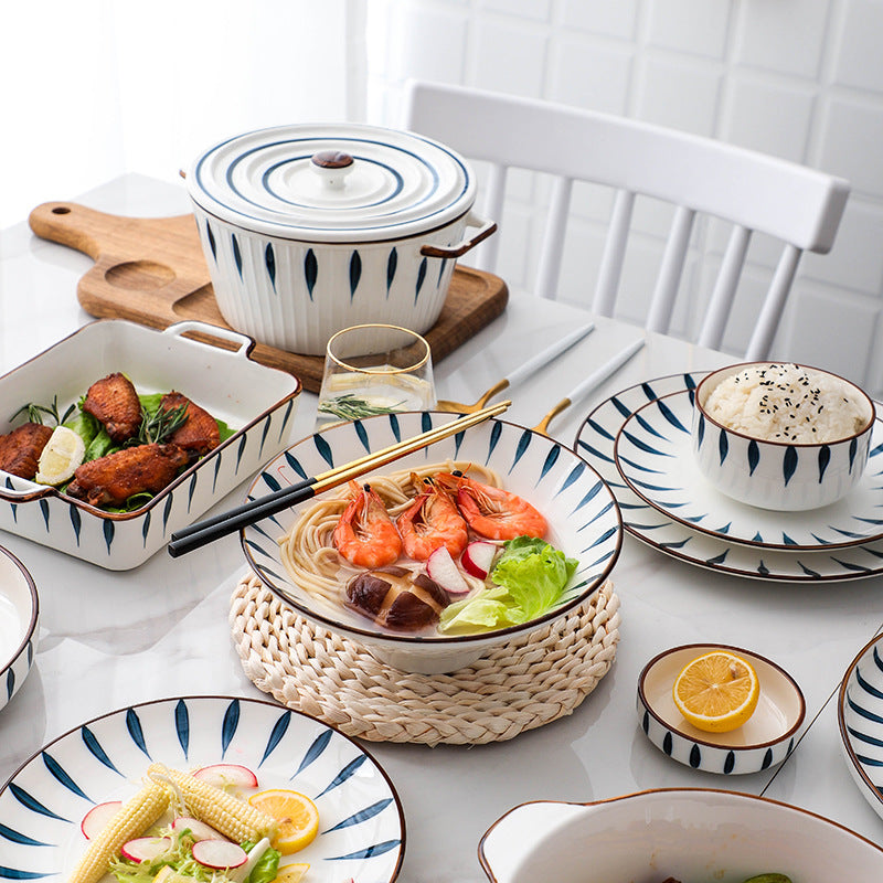 Japanese tableware hand-painted ceramic bowls, plates, salad suit combination, large bowl, double ears, creative stylish breakfast soup bowl