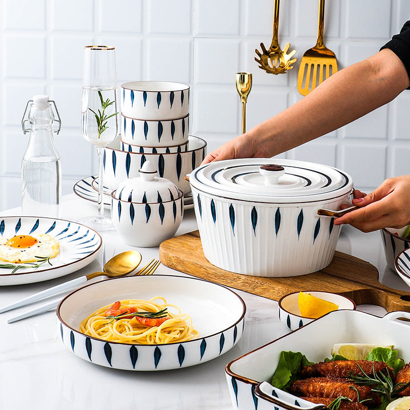 Japanese tableware hand-painted ceramic bowls, plates, salad suit combination, large bowl, double ears, creative stylish breakfast soup bowl