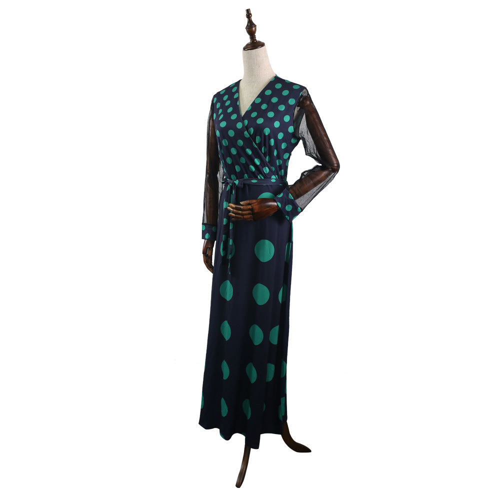 african plus size women's clothing  lace knit stretch printed circle dress with belt and long sleeves