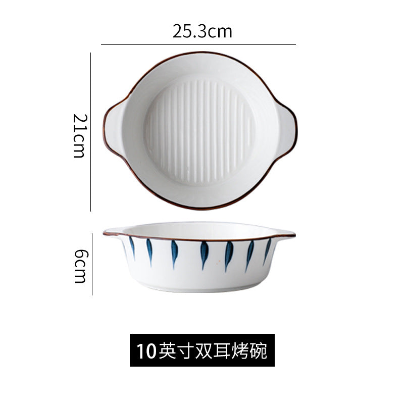 Japanese tableware hand-painted ceramic bowls, plates, salad suit combination, large bowl, double ears, creative stylish breakfast soup bowl
