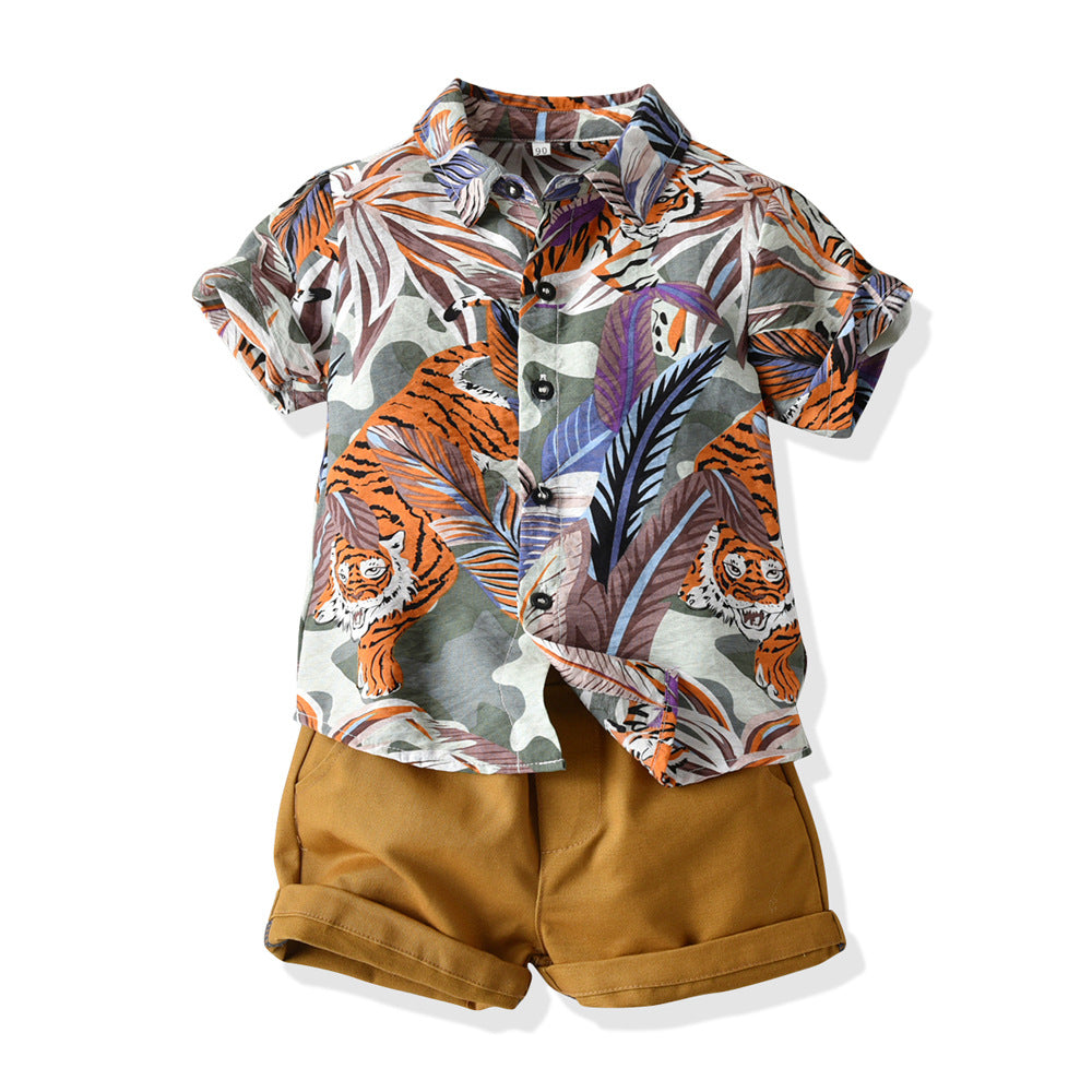 Boys' summer short-sleeve set: new animal print fashion shirt and shorts two-piece outfit (baby clothes)