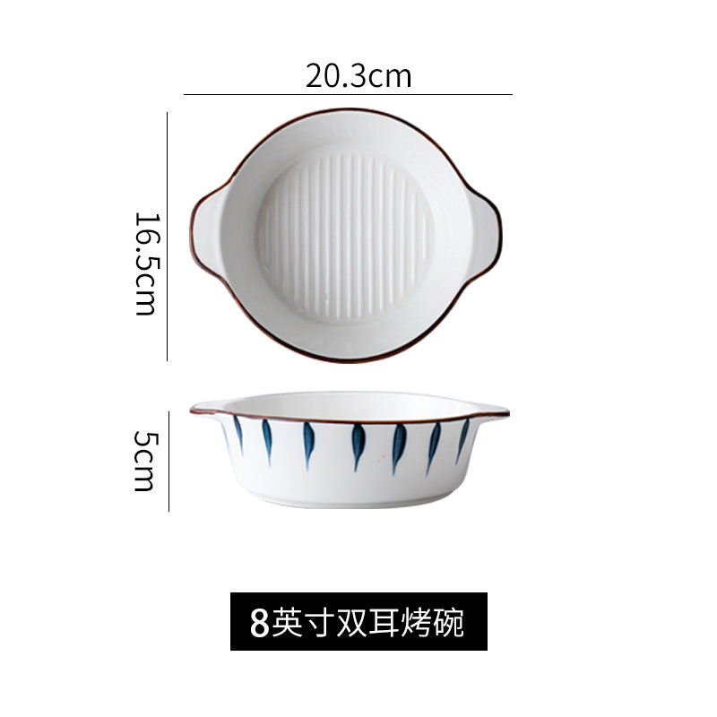 Japanese tableware hand-painted ceramic bowls, plates, salad suit combination, large bowl, double ears, creative stylish breakfast soup bowl