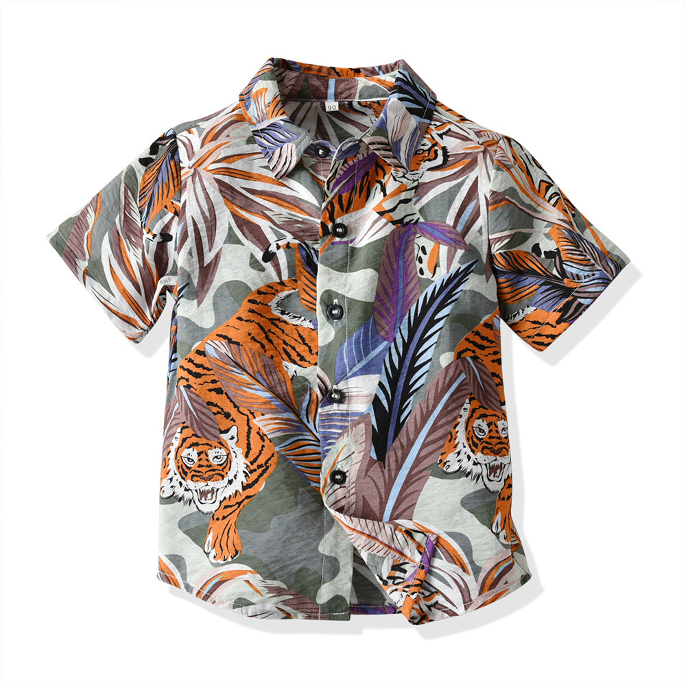 Boys' summer short-sleeve set: new animal print fashion shirt and shorts two-piece outfit (baby clothes)